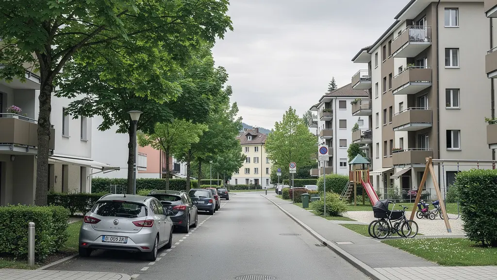 Rue résidentielle calme du quartier de Chailly à Lausanne avec immeubles modernes et arbres