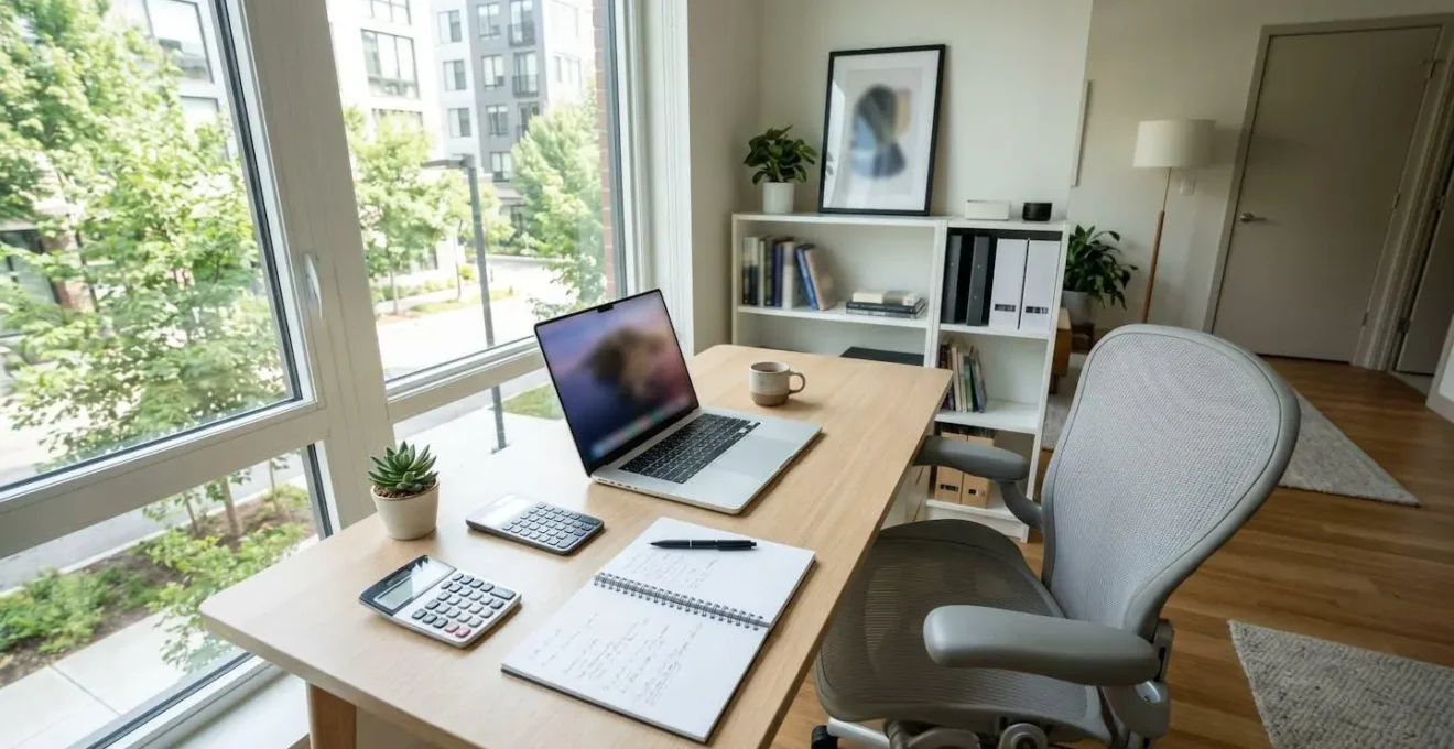 Un bureau moderne et épuré avec un ordinateur portable ouvert dont l'écran est flouté, un carnet de notes et une calculatrice, baigné de lumière naturelle provenant d'une fenêtre en arrière-plan