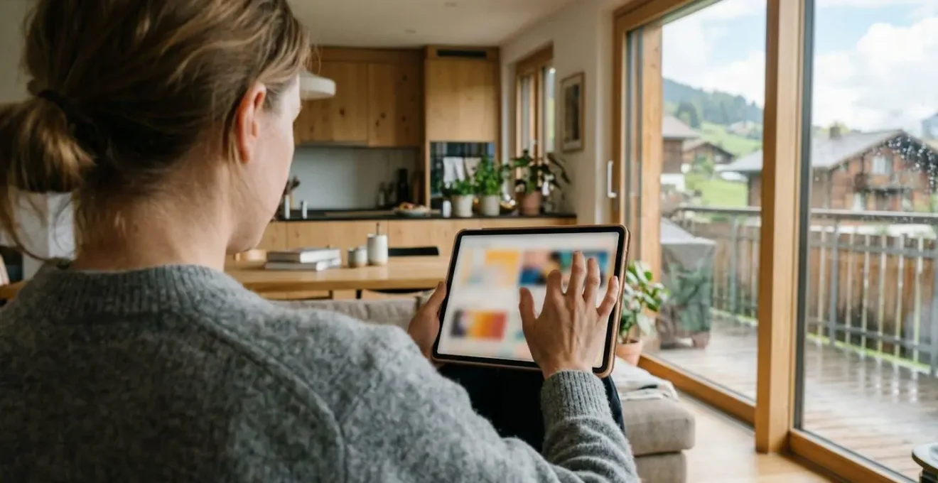 Personne consultant une tablette dans un intérieur suisse moderne, écran flouté, lumière naturelle provenant d'une fenêtre