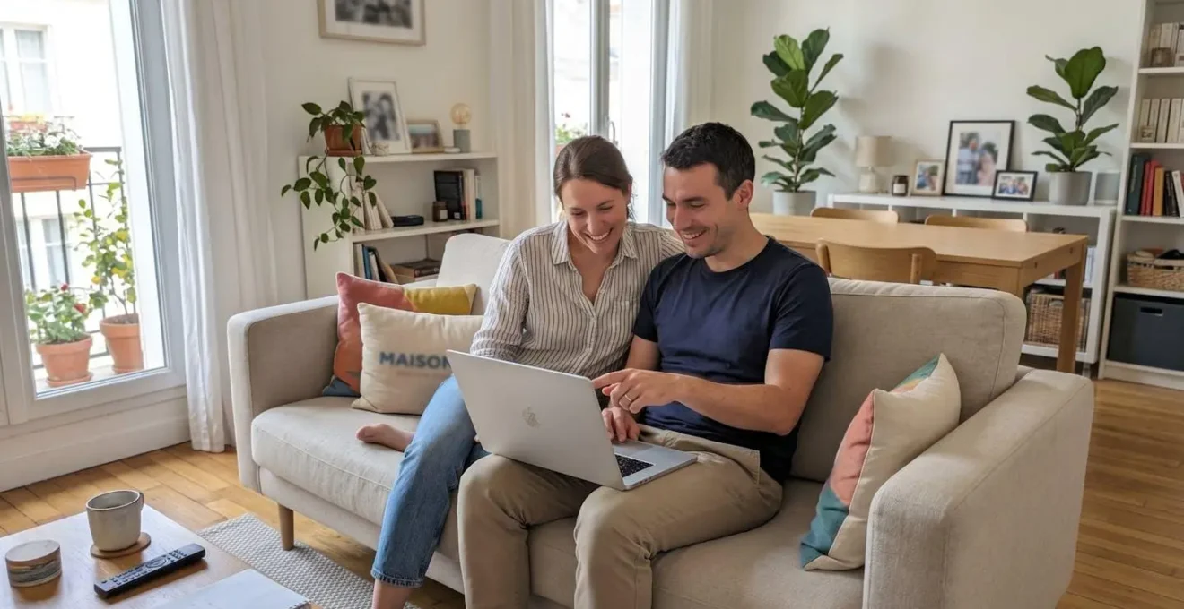 Un couple dans la trentaine assis côte à côte sur un canapé moderne consulte ensemble un ordinateur portable dans un salon lumineux