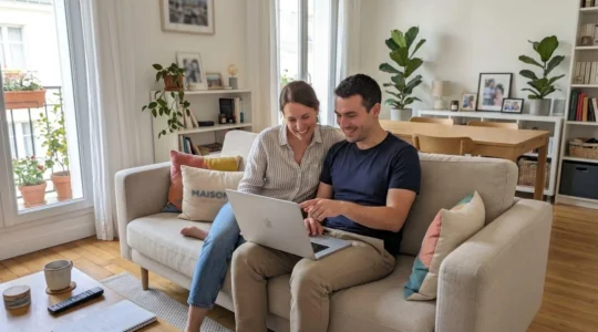 Un couple dans la trentaine assis côte à côte sur un canapé moderne consulte ensemble un ordinateur portable dans un salon lumineux