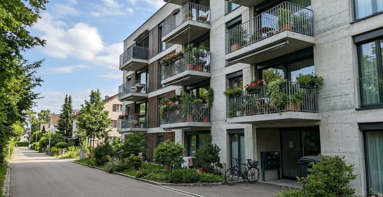 Façade d'un immeuble résidentiel suisse contemporain avec balcons et végétation, dans un quartier calme de l'agglomération lausannoise
