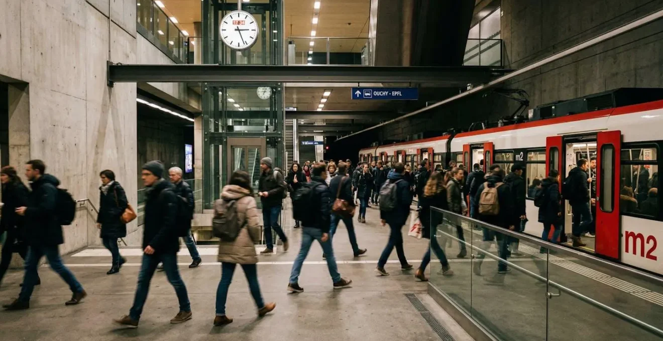 Intérieur d'une station du métro M2 lausannois avec des usagers en mouvement, architecture moderne et éclairage mixte