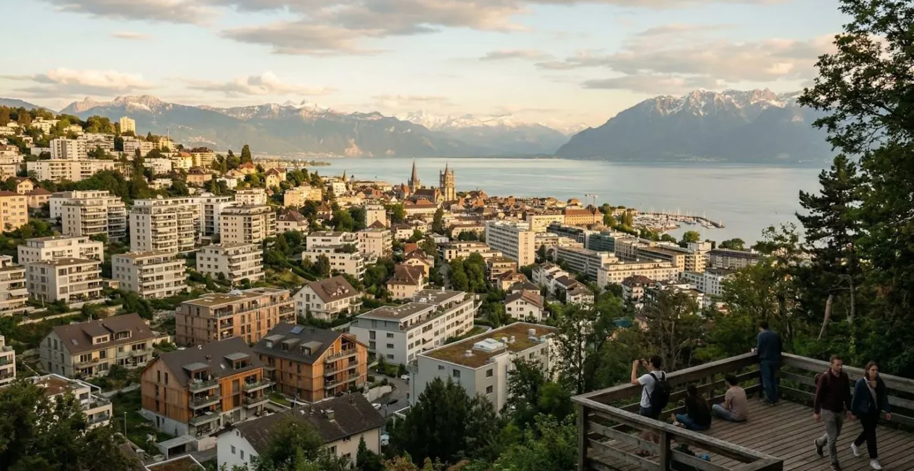 Vue panoramique sur Lausanne depuis les hauteurs, avec le lac Léman en arrière-plan et les immeubles résidentiels étagés sur les coteaux vaudois